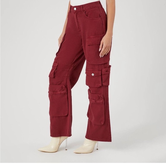Burgundy Twill Wide-leg Cargo Pants Jeans Size Medium - Picture 2 of 8